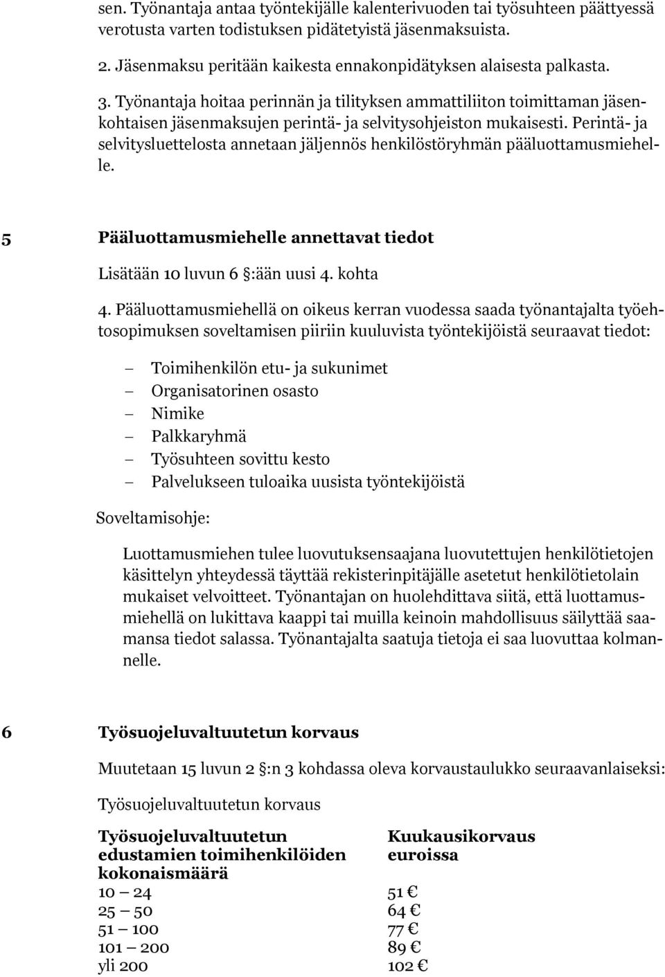 Perintä- ja selvitysluettelsta annetaan jäljennös henkilöstöryhmän pääluttamusmiehelle. 5 Pääluttamusmiehelle annettavat tiedt Lisätään 10 luvun 6 :ään uusi 4. khta 4.