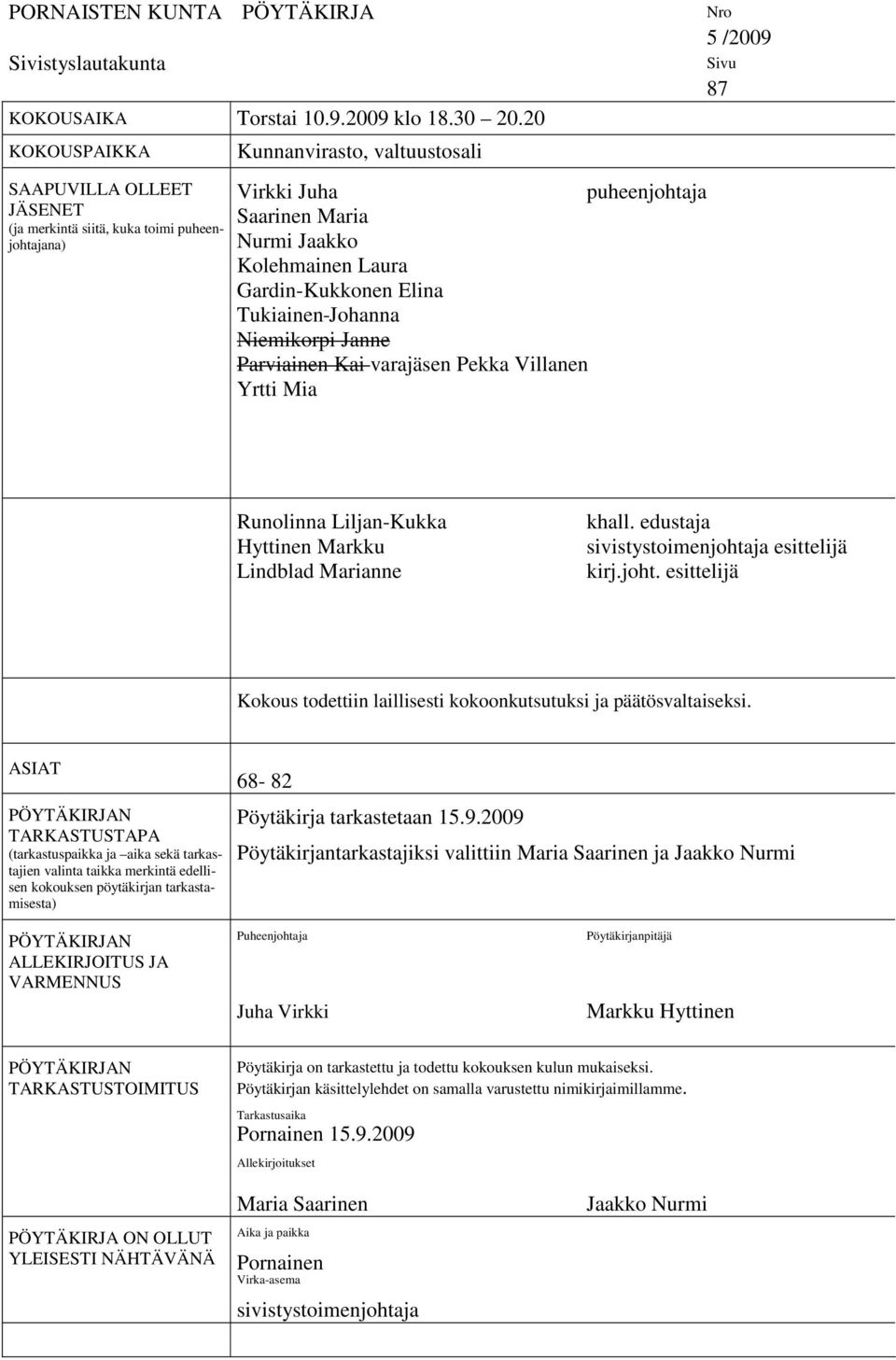 Gardin-Kukkonen Elina Tukiainen Johanna Niemikorpi Janne Parviainen Kai varajäsen Pekka Villanen Yrtti Mia Nro 5 /2009 Sivu 87 Runolinna Liljan-Kukka Hyttinen Markku Lindblad Marianne khall.