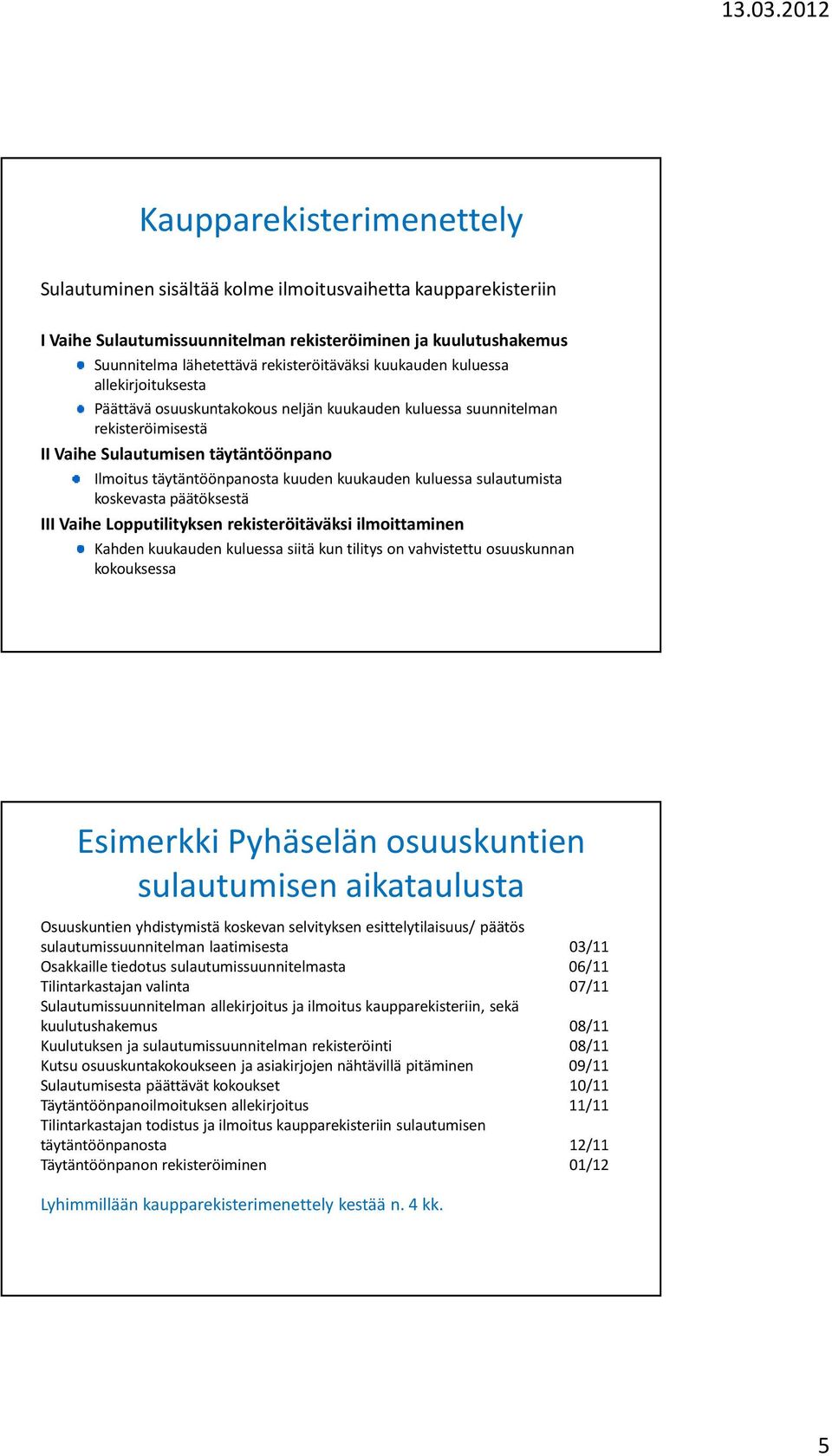 kuukauden kuluessa sulautumista koskevasta päätöksestä III Vaihe Lopputilityksen rekisteröitäväksi ilmoittaminen Kahden kuukauden kuluessa siitä kun tilitys on vahvistettu osuuskunnan kokouksessa