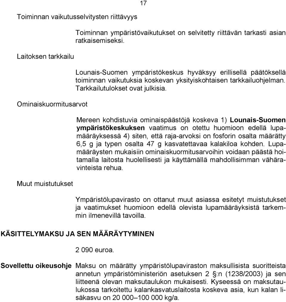 Mereen kohdistuvia ominaispäästöjä koskeva 1) Lounais Suomen ympäristökeskuksen vaatimus on otettu huomioon edellä lupamääräyksessä 4) siten, että raja arvoksi on fosforin osalta määrätty 6,5 g ja