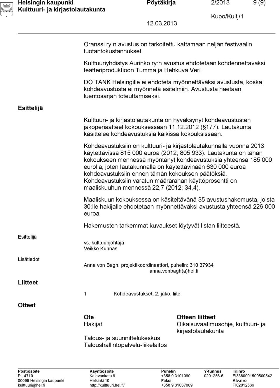 DO TANK Helsingille ei ehdoteta myönnettäväksi avustusta, koska kohdeavustusta ei myönnetä esitelmiin. Avustusta haetaan luentosarjan toteuttamiseksi.