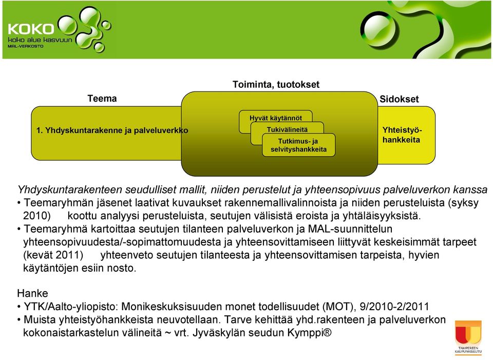 perustelut ja yhteensopivuus palveluverkon kanssa Teemaryhmän jäsenet laativat kuvaukset rakennemallivalinnoista ja niiden perusteluista (syksy 2010) koottu analyysi perusteluista, seutujen välisistä