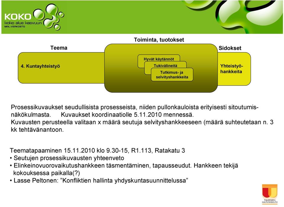 prosesseista, niiden pullonkauloista erityisesti sitoutumisnäkökulmasta. Kuvaukset koordinaatiolle 5.11.2010 mennessä.