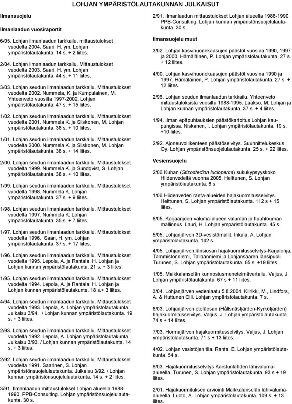 Mittaustulokset vuodelta 2002. Nummela, K. ja Kumpulainen, M. Yhteenveto vuosilta 1997-2002. Lohjan ympäristölautakunta. 47 s. + 15 liites. 1/02. Lohjan seudun ilmanlaadun tarkkailu.