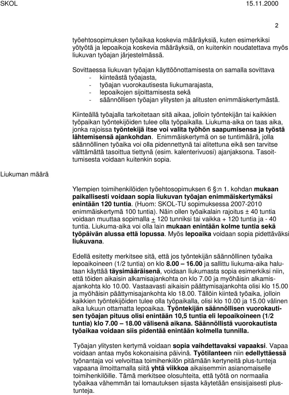 ylitysten ja alitusten enimmäiskertymästä. Kiinteällä työajalla tarkoitetaan sitä aikaa, jolloin työntekijän tai kaikkien työpaikan työntekijöiden tulee olla työpaikalla.