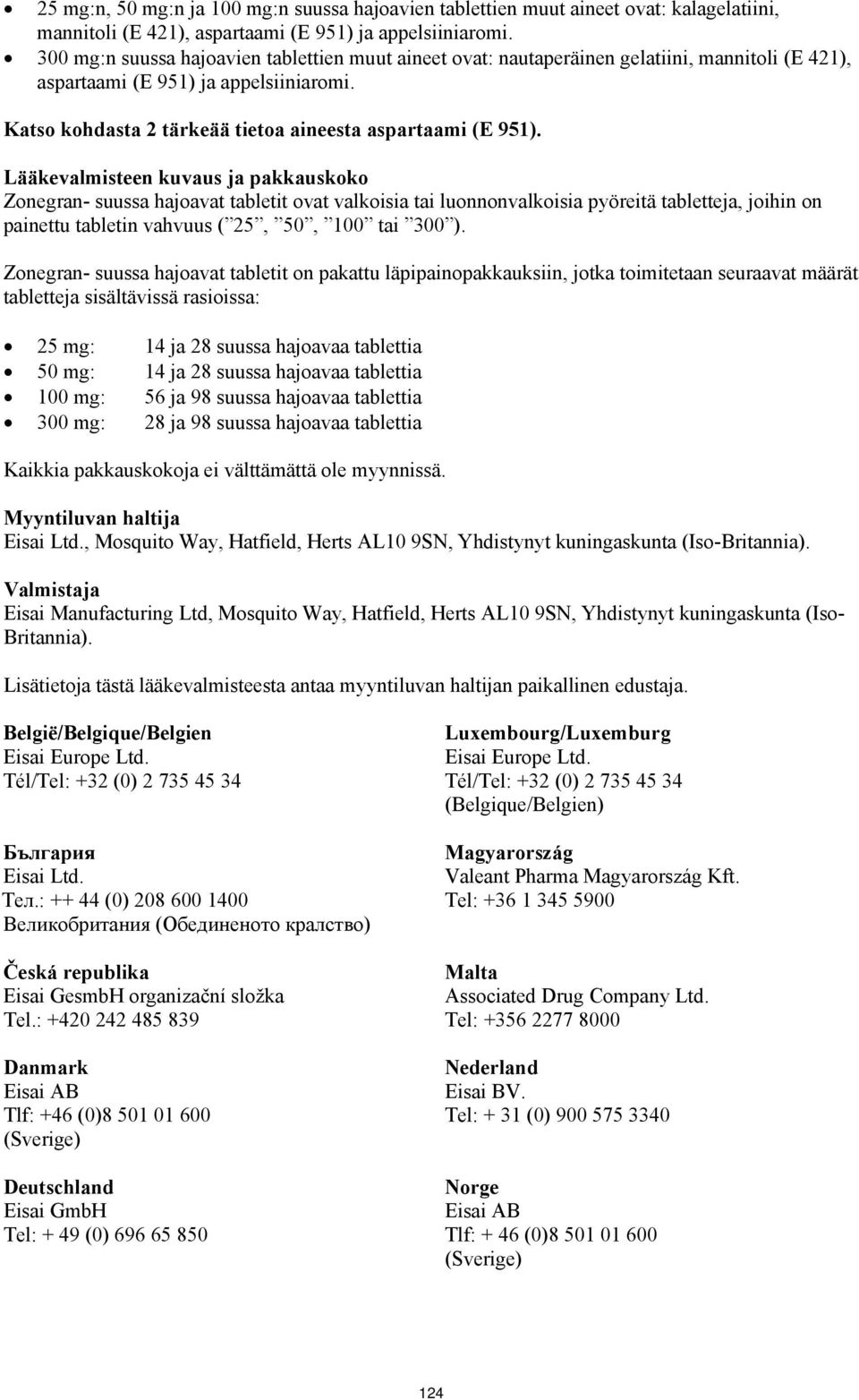 Lääkevalmisteen kuvaus ja pakkauskoko Zonegran- suussa hajoavat tabletit ovat valkoisia tai luonnonvalkoisia pyöreitä tabletteja, joihin on painettu tabletin vahvuus ( 25, 50, 100 tai 300 ).