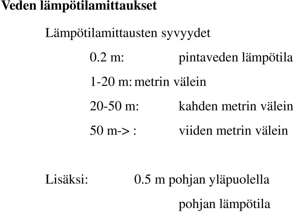 2 m: pintaveden lämpötila 1-20 m: metrin välein 20-50