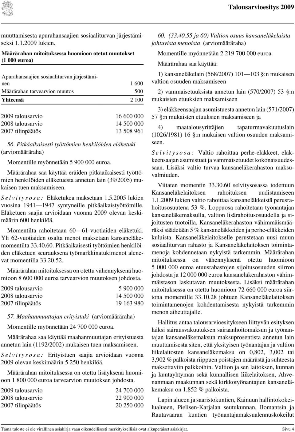 talousarvio 14 500 000 2007 tilinpäätös 13 508 961 56. Pitkäaikaisesti työttömien henkilöiden eläketuki (arviomääräraha) Momentille myönnetään 5 900 000 euroa.