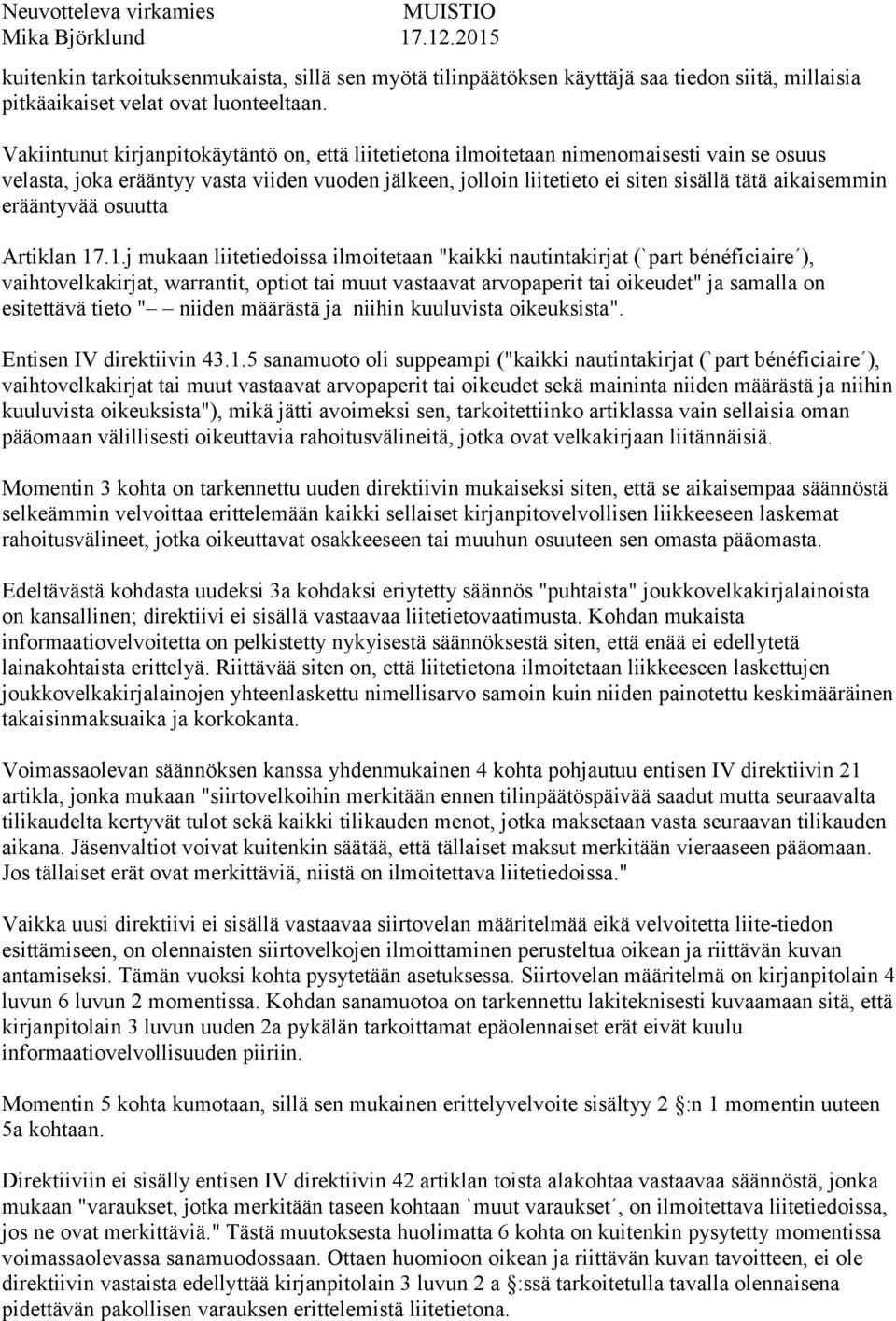 erääntyvää osuutta Artiklan 17