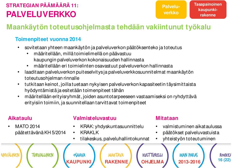 hallinnasta laaditaan palveluverkon puiteselvitys ja palveluverkkosuunnitelmat maankäytön toteutusohjelman rinnalle tutkitaan keinot, joilla tuetaan nykyisen palveluverkon kapasiteetin täysimittaista