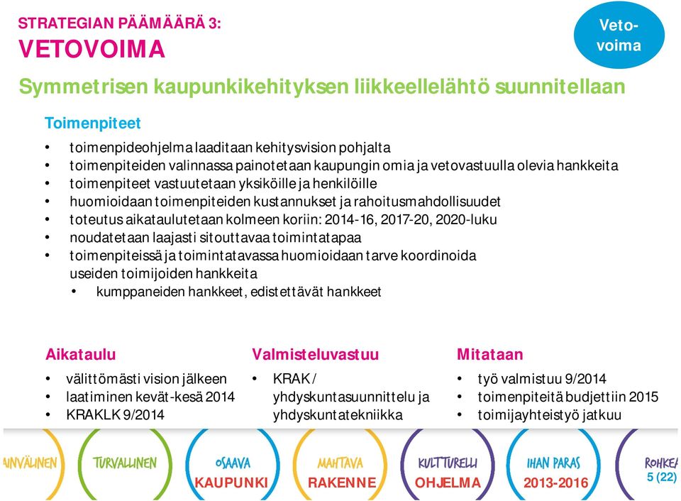 aikataulutetaan kolmeen koriin: 2014-16, 2017-20, 2020-luku noudatetaan laajasti sitouttavaa toimintatapaa toimenpiteissä ja toimintatavassa huomioidaan tarve koordinoida useiden toimijoiden