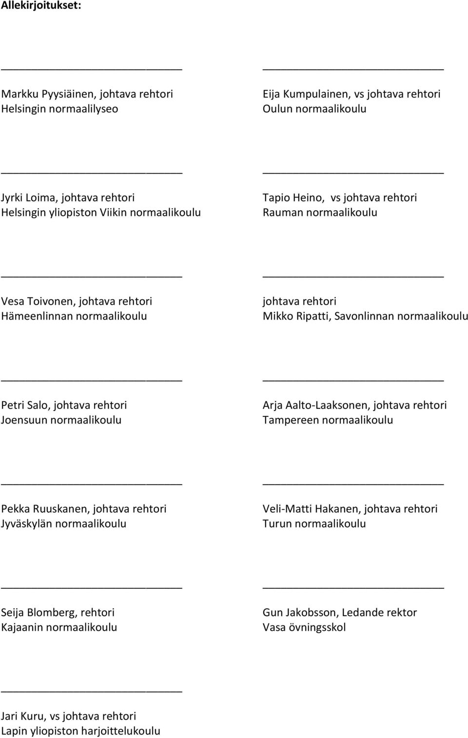 Petri Salo, johtava rehtori Joensuun normaalikoulu Arja Aalto-Laaksonen, johtava rehtori Tampereen normaalikoulu Pekka Ruuskanen, johtava rehtori Jyväskylän normaalikoulu Veli-Matti