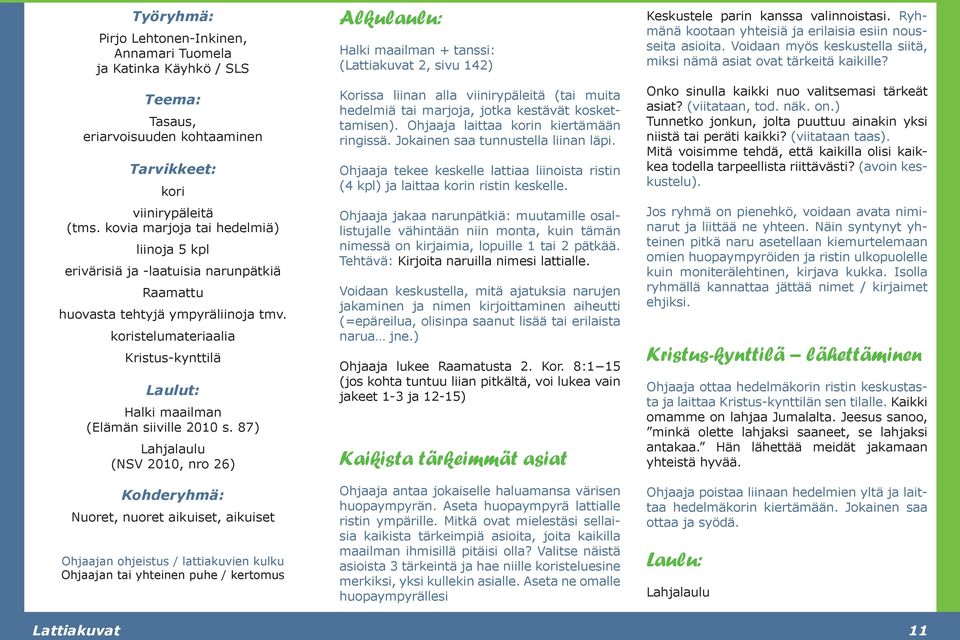 87) Lahjalaulu (NSV 2010, nro 26) Kohderyhmä: Nuoret, nuoret aikuiset, aikuiset Ohjaajan ohjeistus / lattiakuvien kulku Ohjaajan tai yhteinen puhe / kertomus Alkulaulu: Halki maailman + tanssi: