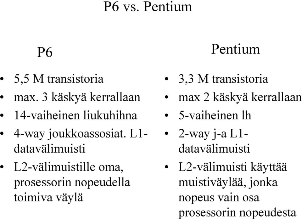 L1- datavälimuisti L2-välimuistille oma, prosessorin nopeudella toimiva väylä Pentium 3,3