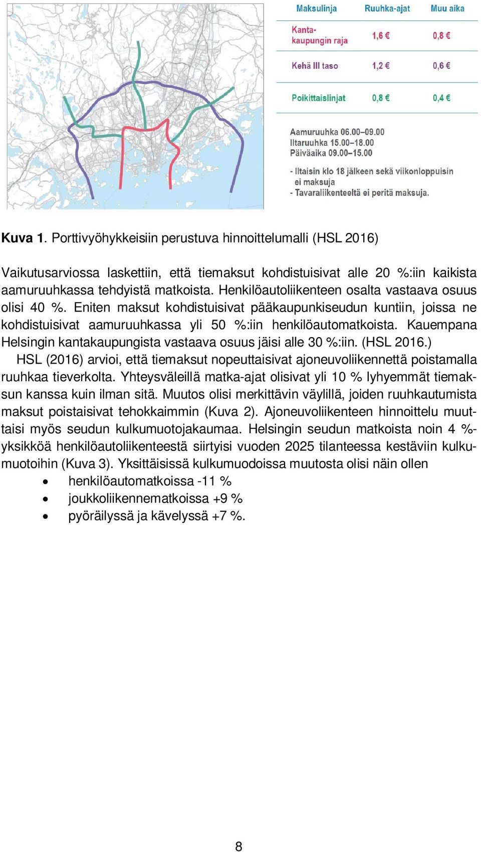 Kauempana Helsingin kantakaupungista vastaava osuus jäisi alle 30 %:iin. (HSL 2016.) HSL (2016) arvioi, että tiemaksut nopeuttaisivat ajoneuvoliikennettä poistamalla ruuhkaa tieverkolta.