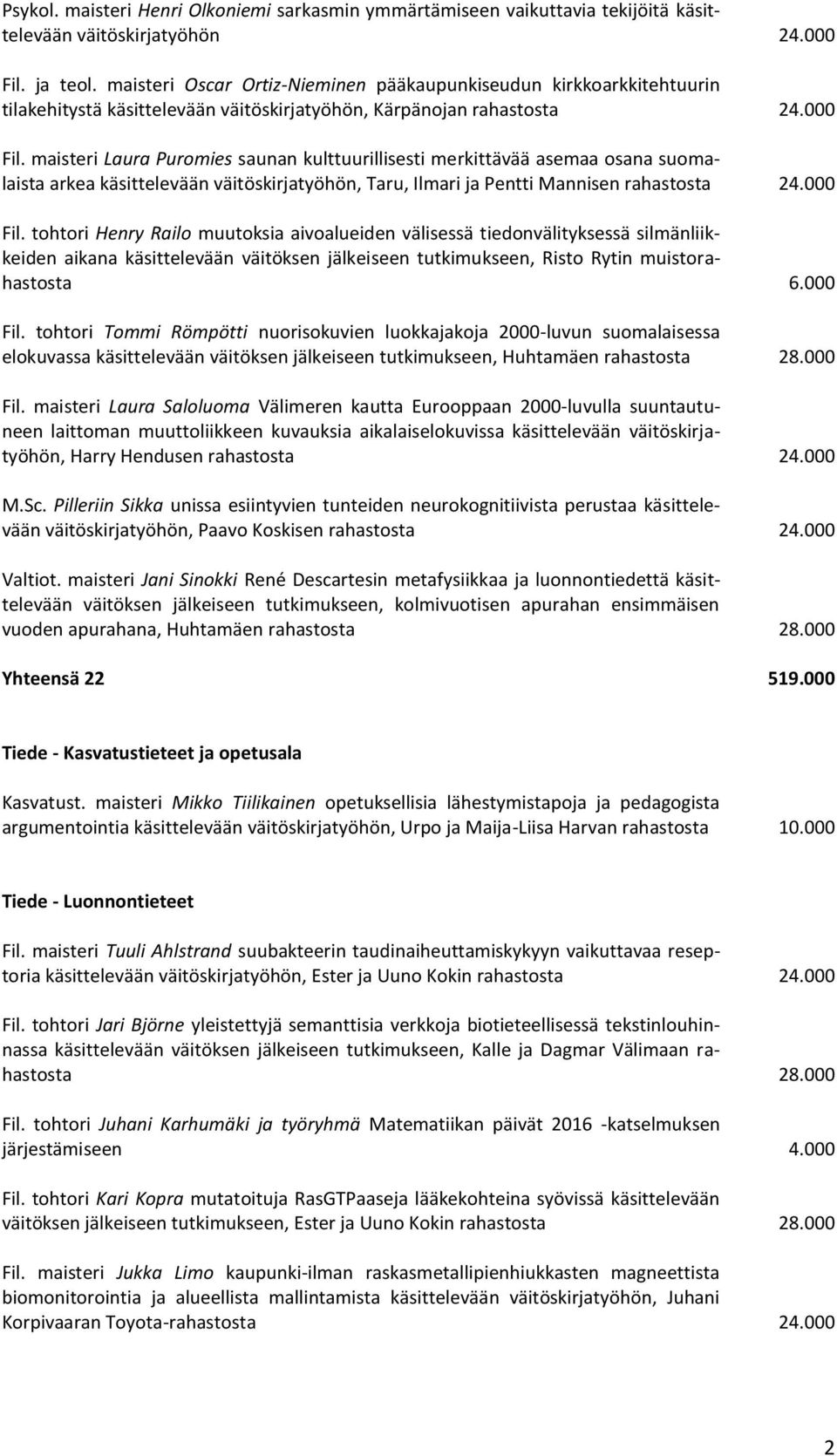 maisteri Laura Puromies saunan kulttuurillisesti merkittävää asemaa osana suomalaista arkea käsittelevään väitöskirjatyöhön, Taru, Ilmari ja Pentti Mannisen rahastosta 24.000 Fil.