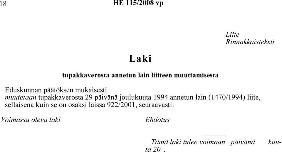 joulukuuta 1994 annetun lain (1470/1994) liite, sellaisena kuin se on osaksi laissa