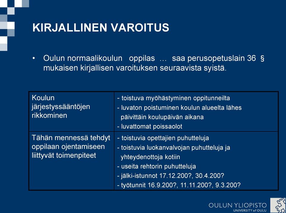 luvaton poistuminen koulun alueelta lähes päivittäin koulupäivän aikana - luvattomat poissaolot - toistuvia opettajien puhutteluja - toistuvia