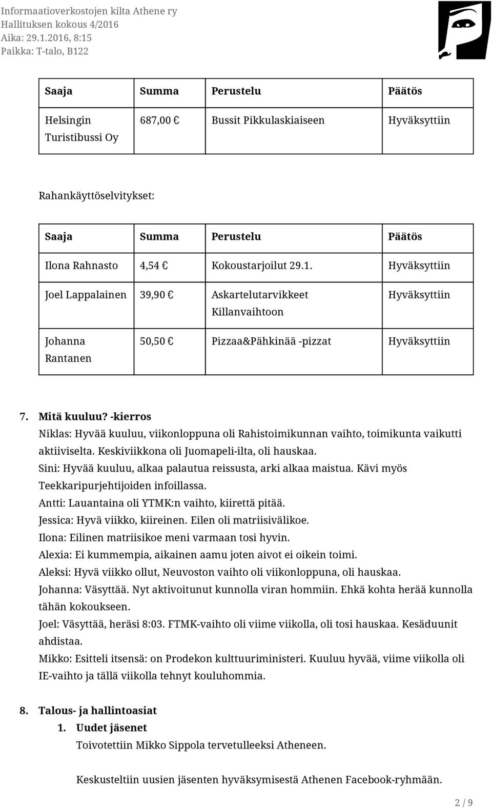 kierros Niklas: Hyvää kuuluu, viikonloppuna oli Rahistoimikunnan vaihto, toimikunta vaikutti aktiiviselta. Keskiviikkona oli Juomapeliilta, oli hauskaa.