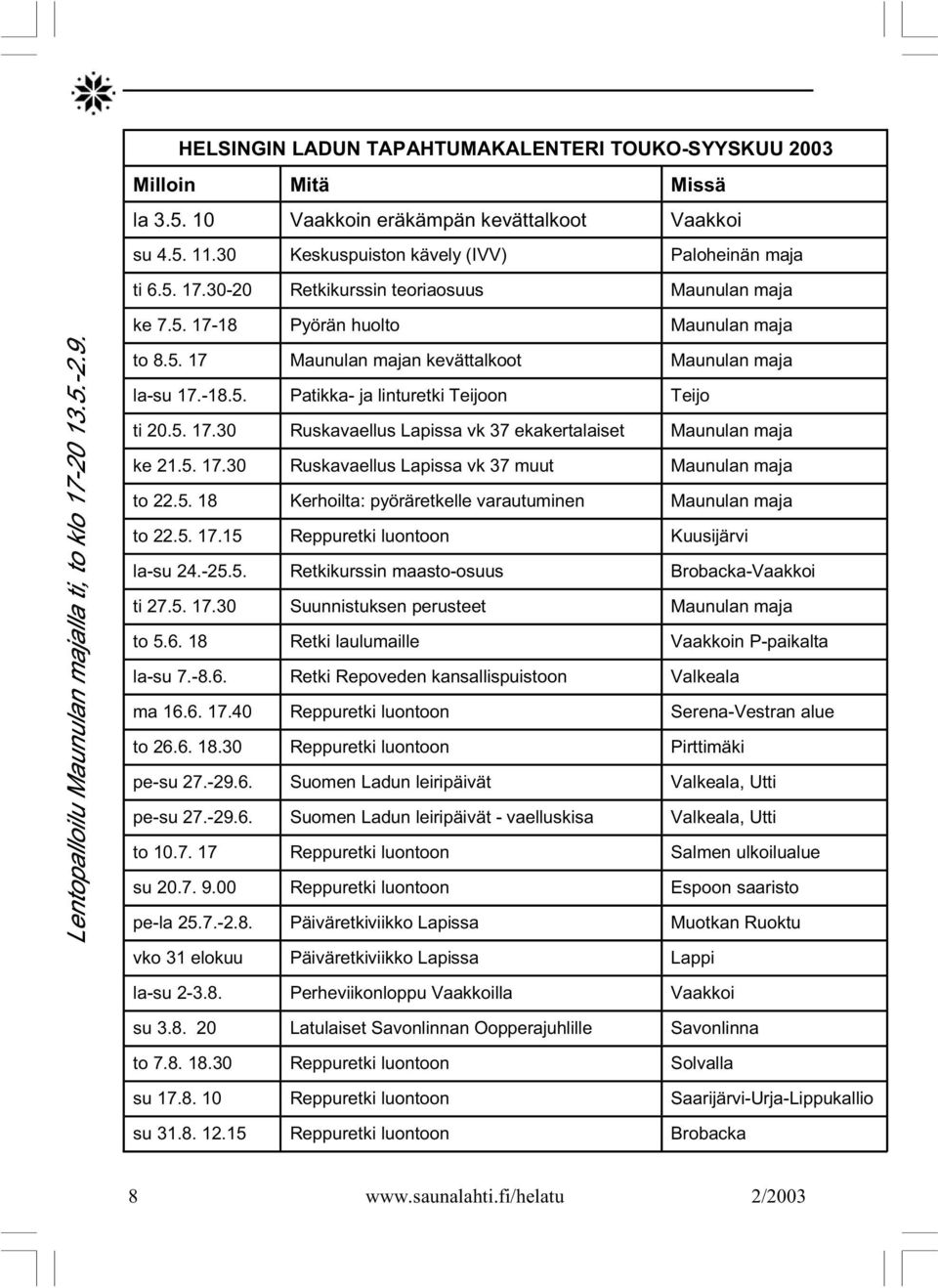 5. 17.30 Ruskavaellus Lapissa vk 37 ekakertalaiset Maunulan maja ke 21.5. 17.30 Ruskavaellus Lapissa vk 37 muut Maunulan maja to 22.5. 18 Kerhoilta: pyöräretkelle varautuminen Maunulan maja to 22.5. 17.15 Reppuretki luontoon Kuusijärvi la-su 24.