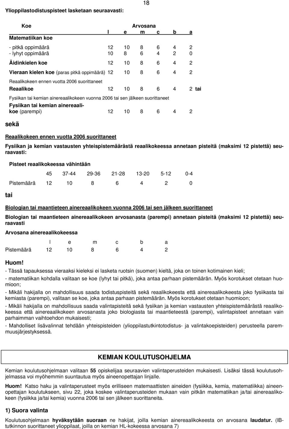 Fysiikan tai kemian ainereaalikoe (parempi) 12 10 8 6 4 2 sekä Reaalikokeen ennen vuotta 2006 suorittaneet Fysiikan ja kemian vastausten yhteispistemäärästä reaalikokeessa annetaan pisteitä (maksimi