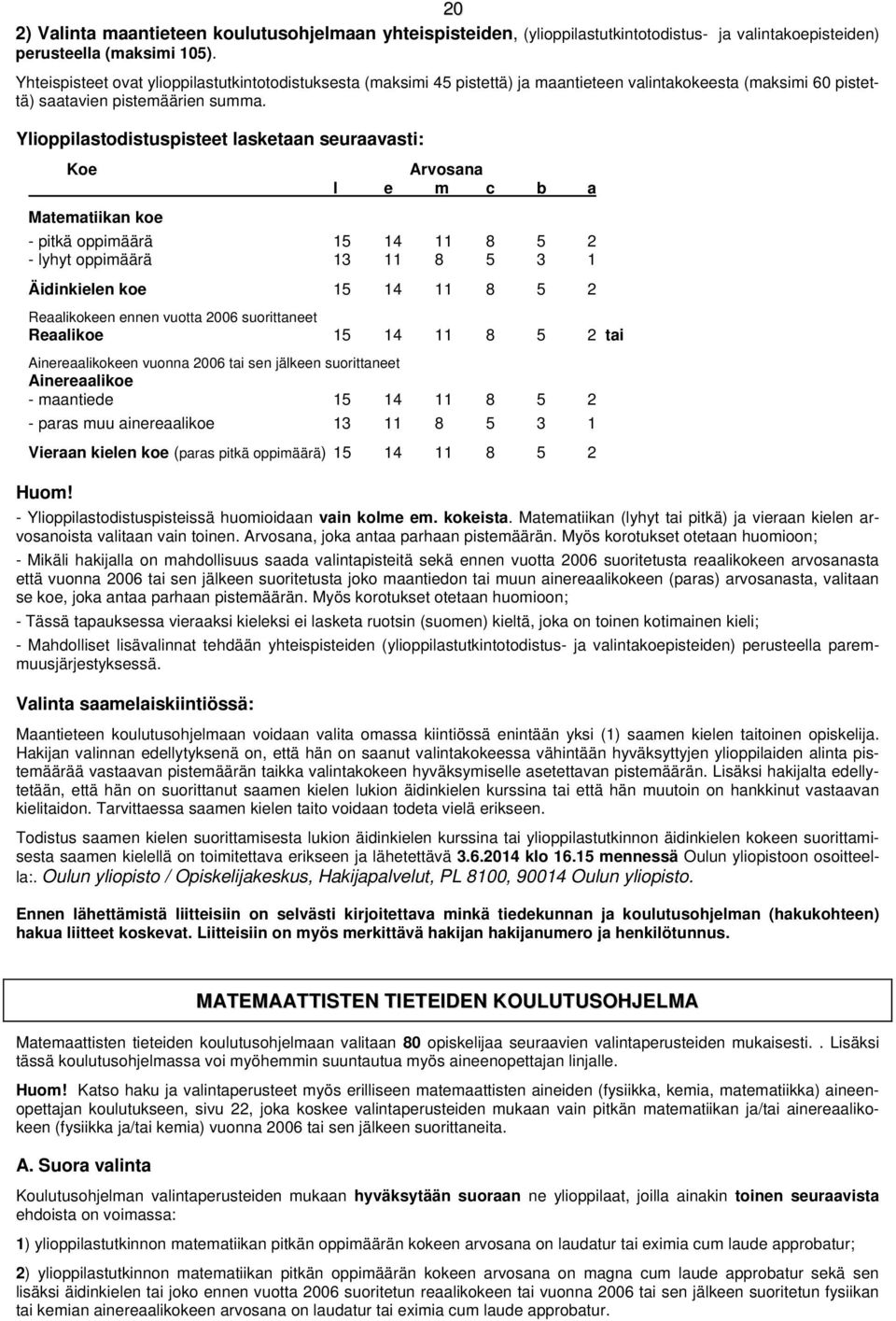 Ylioppilastodistuspisteet lasketaan seuraavasti: Koe Arvosana l e m c b a Matematiikan koe - pitkä oppimäärä 15 14 11 8 5 2 - lyhyt oppimäärä 13 11 8 5 3 1 Äidinkielen koe 15 14 11 8 5 2 Reaalikokeen
