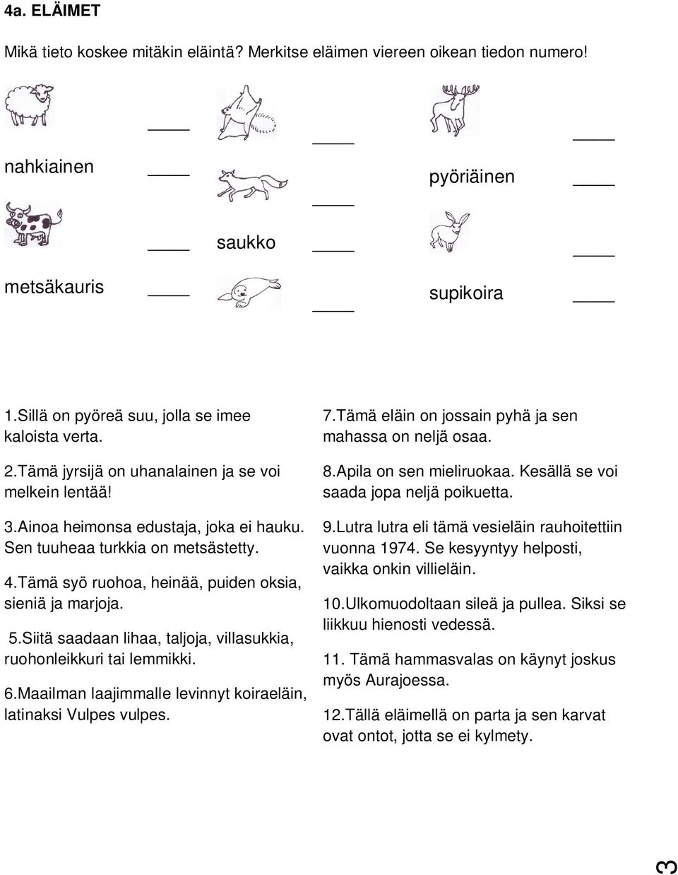 Siitä saadaan lihaa, taljoja, villasukkia, ruohonleikkuri tai lemmikki. 6.Maailman laajimmalle levinnyt koiraeläin, latinaksi Vulpes vulpes. 7.Tämä eläin on jossain pyhä ja sen mahassa on neljä osaa.