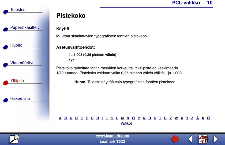 ..1 008 (0,25 pisteen välein) 12* Pistekoko tarkoittaa fontin merkkien korkeutta.