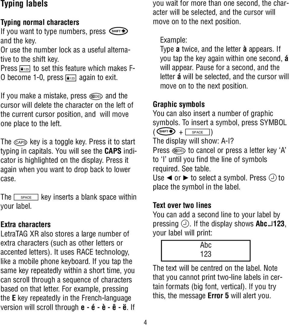 If you make a mistake, press DEL and the cursor will delete the character on the left of the current cursor position, and will move one place to the left. The CAPS key is a toggle key.