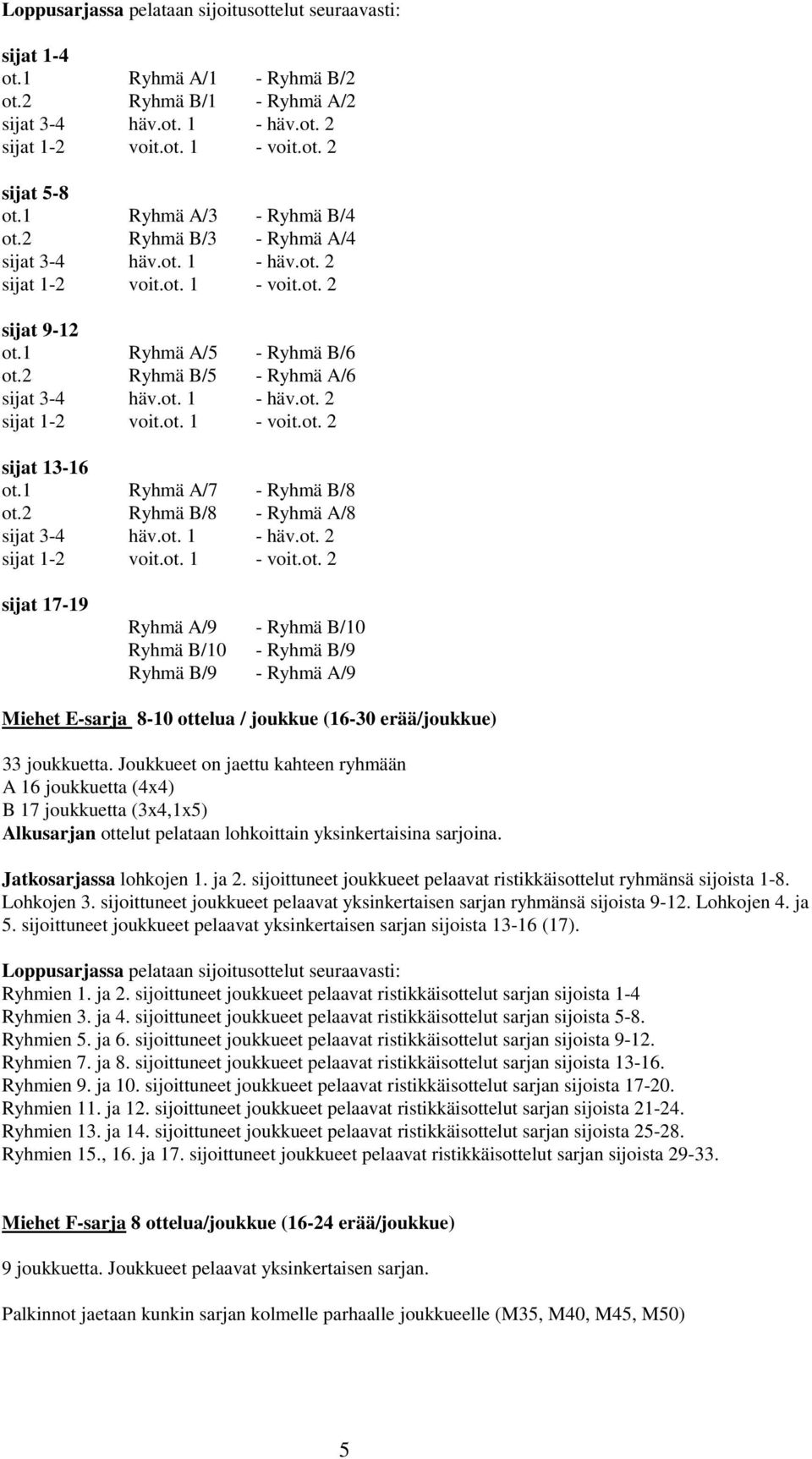 2 Ryhmä B/8 - Ryhmä A/8 sijat 17-19 Ryhmä A/9 - Ryhmä B/10 Ryhmä B/10 - Ryhmä B/9 Ryhmä B/9 - Ryhmä A/9 Miehet E-sarja 8-10 ottelua / joukkue (16-30 erää/joukkue) 33 joukkuetta.