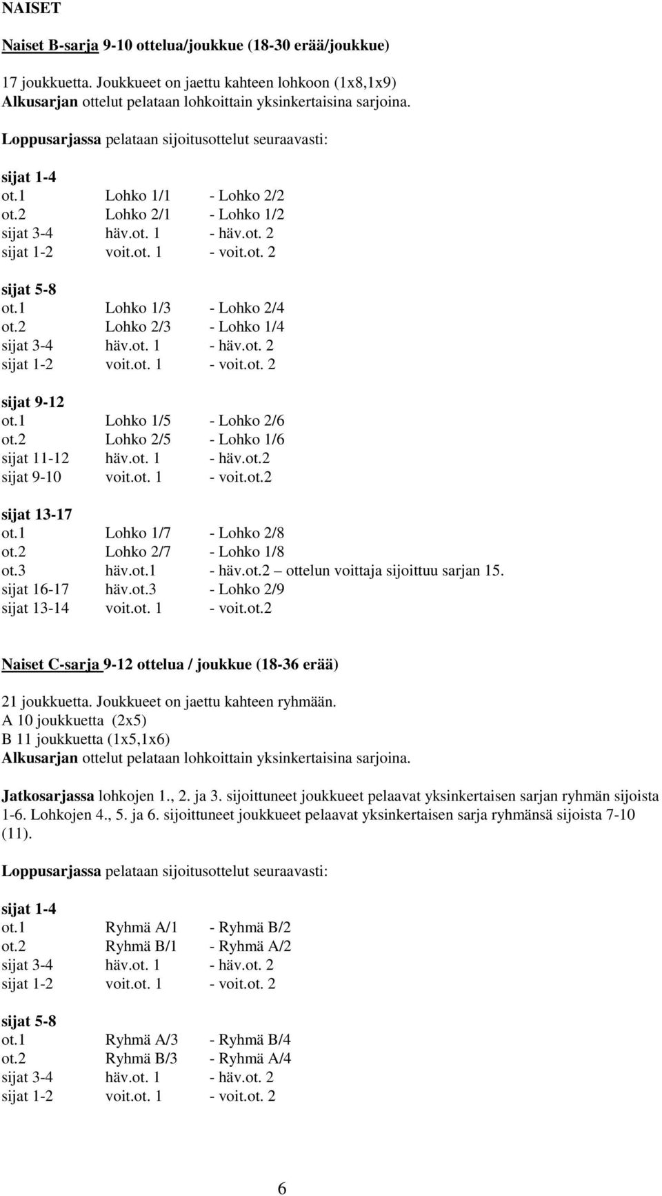 1 Lohko 1/7 - Lohko 2/8 ot.2 Lohko 2/7 - Lohko 1/8 ot.3 häv.ot.1 - häv.ot.2 ottelun voittaja sijoittuu sarjan 15. sijat 16-17 häv.ot.3 - Lohko 2/9 sijat 13-14 voit.ot. 1 - voit.ot.2 Naiset C-sarja 9-12 ottelua / joukkue (18-36 erää) 21 joukkuetta.