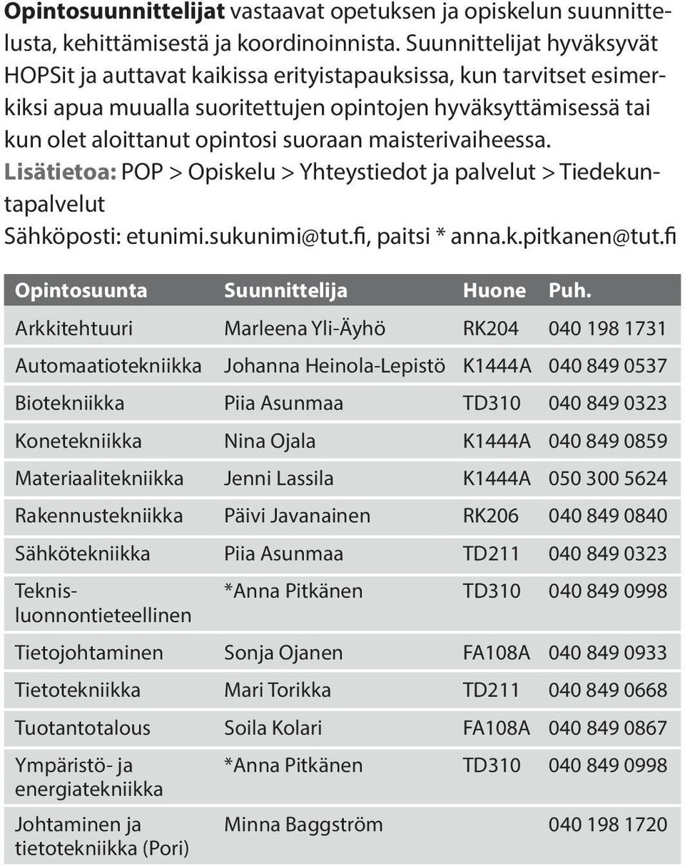 maisterivaiheessa. Lisätietoa: POP > Opiskelu > Yhteystiedot ja palvelut > Tiedekuntapalvelut Sähköposti: etunimi.sukunimi@tut.fi, paitsi * anna.k.pitkanen@tut.fi Opintosuunta Suunnittelija Huone Puh.