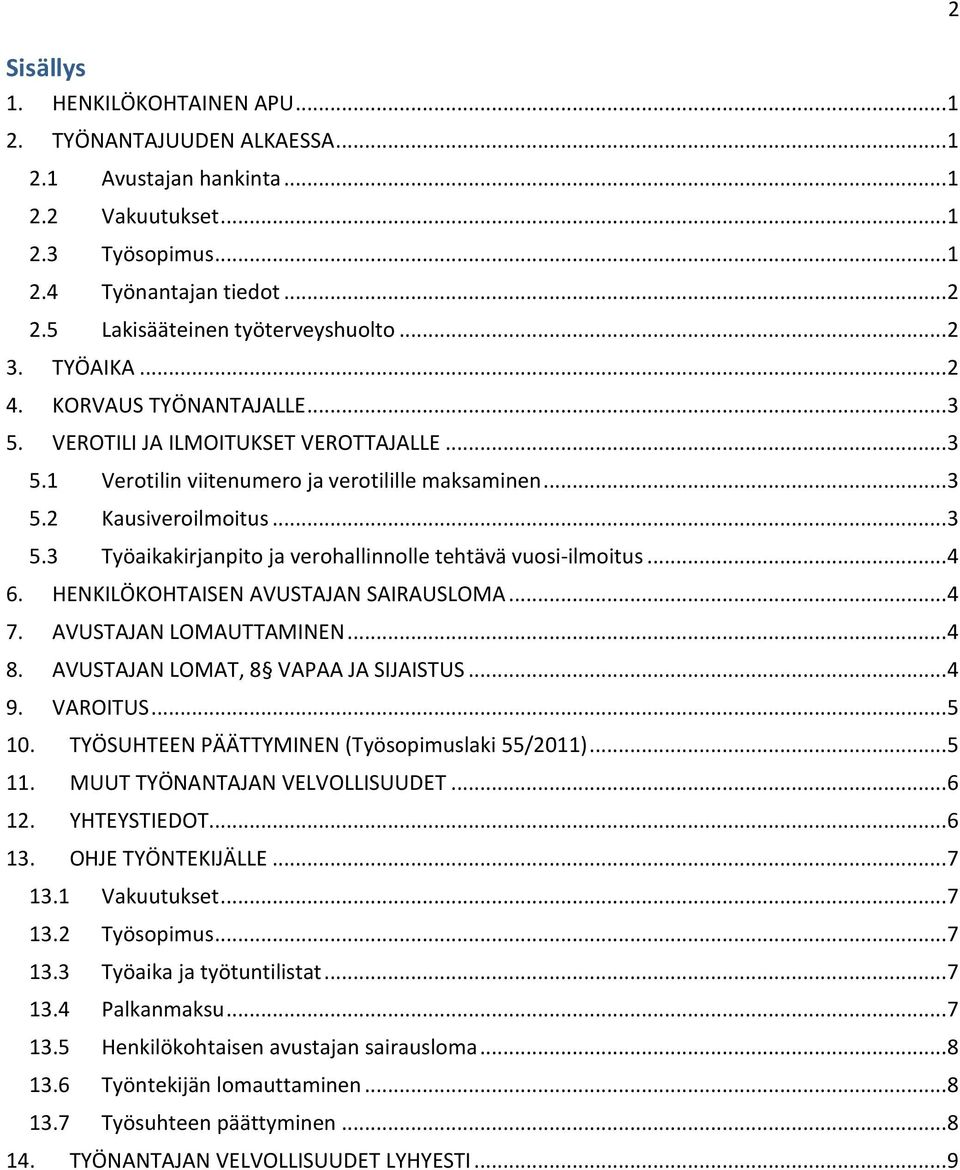 .. 3 5.3 Työaikakirjanpito ja verohallinnolle tehtävä vuosi-ilmoitus... 4 6. HENKILÖKOHTAISEN AVUSTAJAN SAIRAUSLOMA... 4 7. AVUSTAJAN LOMAUTTAMINEN... 4 8. AVUSTAJAN LOMAT, 8 VAPAA JA SIJAISTUS... 4 9.