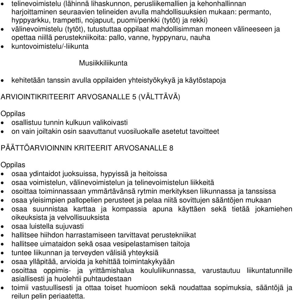 Musiikkiliikunta kehitetään tanssin avulla oppilaiden yhteistyökykyä ja käytöstapoja ARVIOINTIKRITEERIT ARVOSANALLE 5 (VÄLTTÄVÄ) osallistuu tunnin kulkuun valikoivasti on vain joiltakin osin
