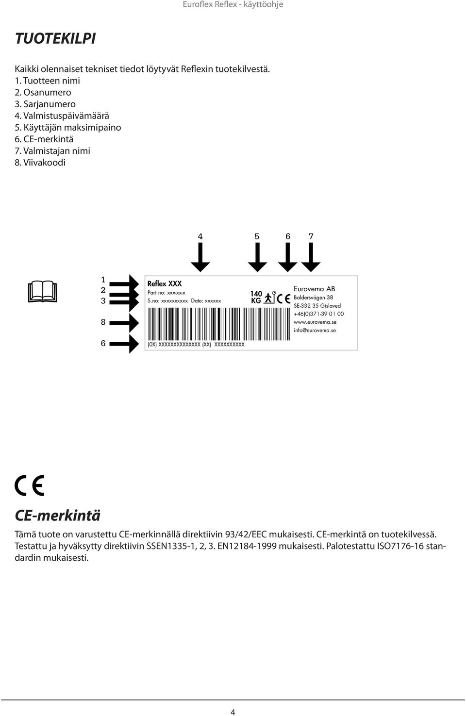 Maximum user weight 6. CE marking 7. Manufacturer's name 8. Barcode 1 3 8 6 Reflex XXX Part no: xxx-xx-x S.