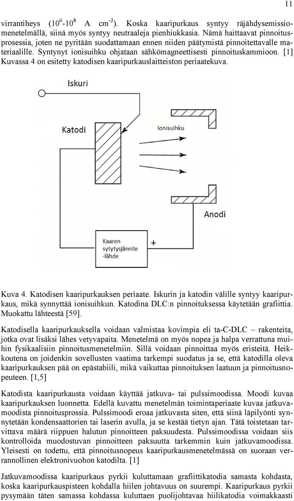 [1] Kuvassa 4 on esitetty katodisen kaaripurkauslaitteiston periaatekuva. 11 Kuva 4. Katodisen kaaripurkauksen periaate. Iskurin ja katodin välille syntyy kaaripurkaus, mikä synnyttää ionisuihkun.