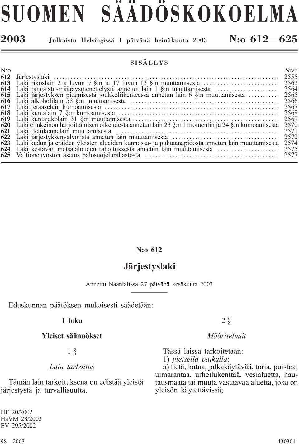 .. 2565 616 Laki alkoholilain 58 :n muuttamisesta... 2566 617 Laki teräaselain kumoamisesta... 2567 618 Laki kuntalain 7 :n kumoamisesta... 2568 619 Laki kuntajakolain 31 :n muuttamisesta.