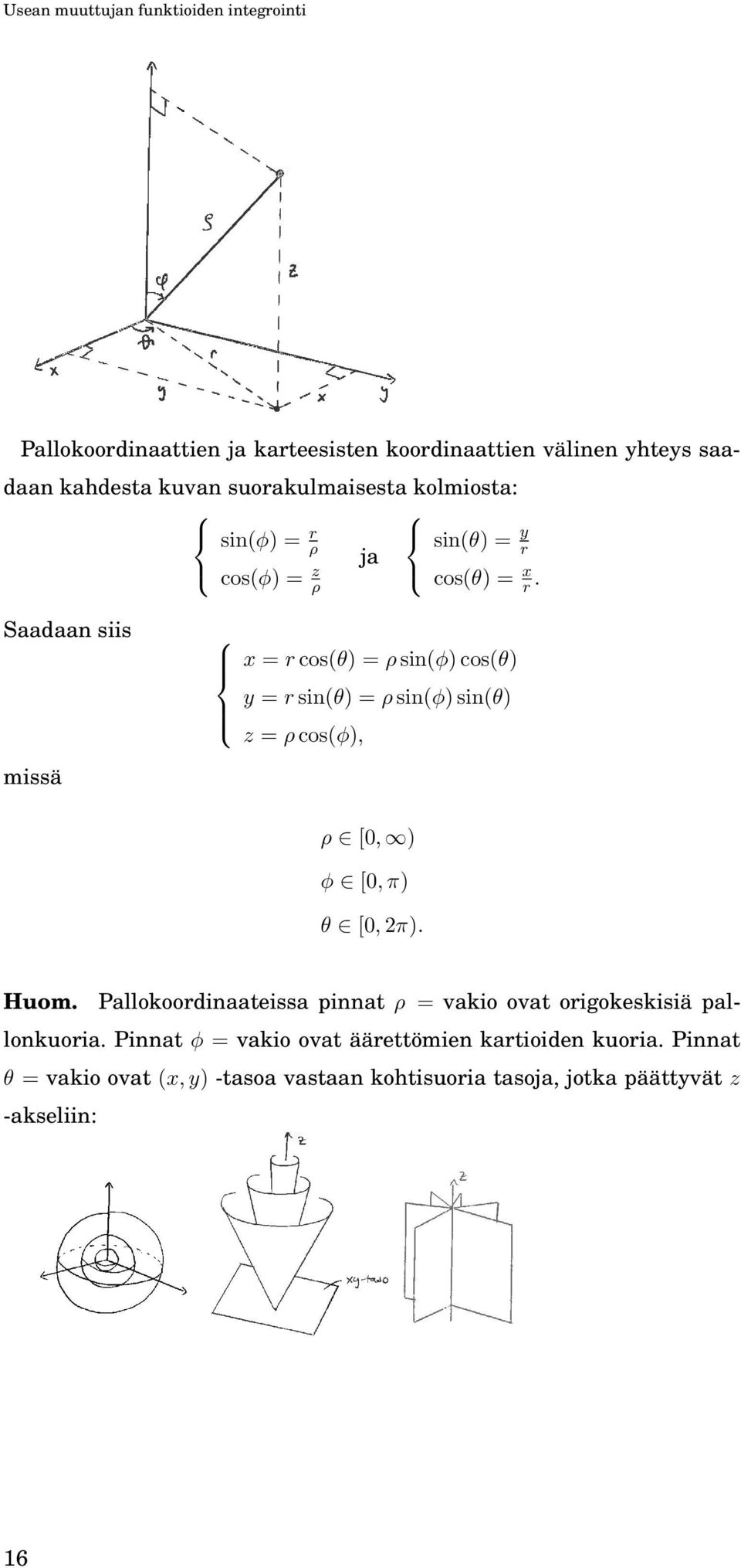 aadaan siis missä x = r os(θ) = ρ sin(φ) os(θ) y = r sin(θ) = ρ sin(φ) sin(θ) z = ρ os(φ), ρ [, ) φ [, π) θ [, 2π). Huom.