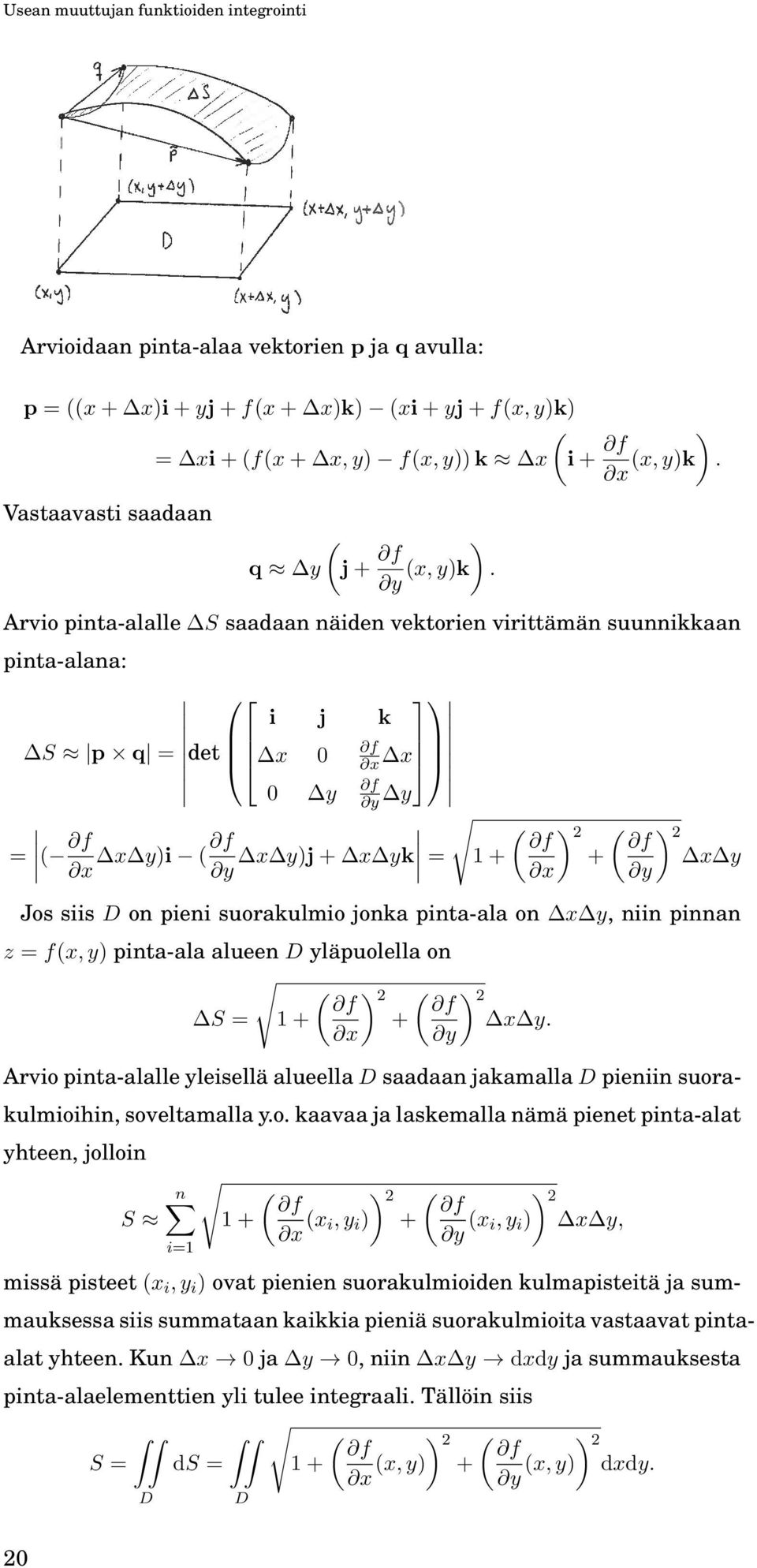 y Arvio pinta-alalle saadaan näiden vektorien virittämän suunnikkaan pinta-alana: i j k p q = det f x x x f y y y = ( f x y)i ( f x y)j + x yk x y = 1 + ( ) f 2 + x ( ) f 2 x y y Jos siis on pieni