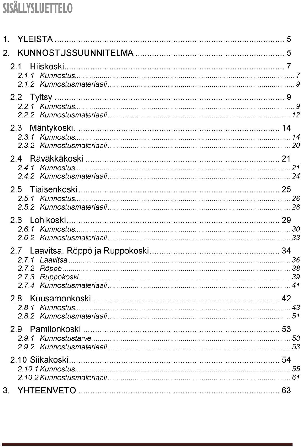 6 Lohikoski... 29 2.6.1 Kunnostus... 30 2.6.2 Kunnostusmateriaali... 33 2.7 Laavitsa, Röppö ja Ruppokoski... 34 2.7.1 Laavitsa... 36 2.7.2 Röppö... 38 2.7.3 Ruppokoski... 39 2.7.4 Kunnostusmateriaali.