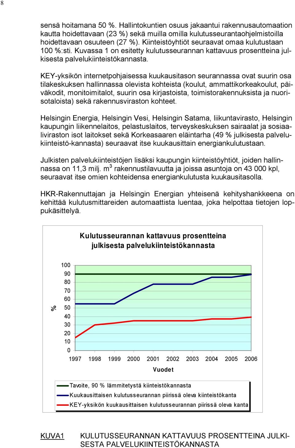 KEY-yksikön internetpohjaisessa kuukausitason seurannassa ovat suurin osa tilakeskuksen hallinnassa olevista kohteista (koulut, ammattikorkeakoulut, päiväkodit, monitoimitalot, suurin osa