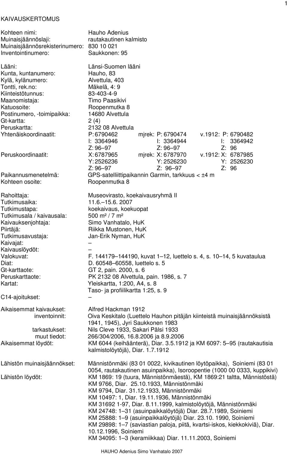 no: Mäkelä, 4: 9 Kiinteistötunnus: 83-403-4-9 Maanomistaja: Timo Paasikivi Katuosoite: Roopenmutka 8 Postinumero, -toimipaikka: 14680 Alvettula Gt-kartta: 2 (4) Peruskartta: 2132 08 Alvettula