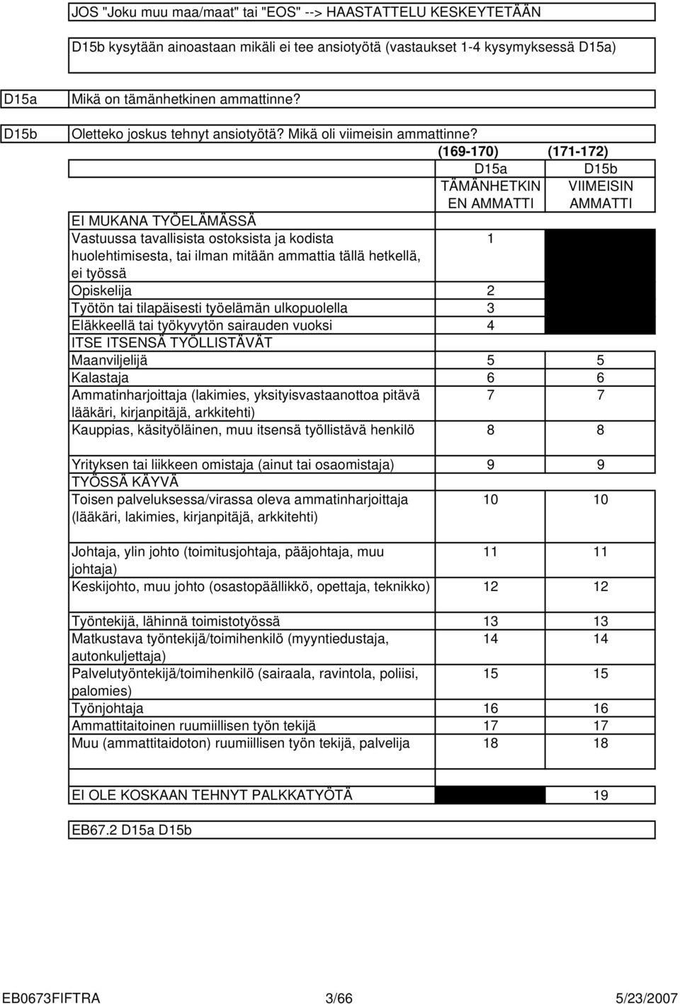 (69-70) (7-7) Da Db TÄMÄNHETKIN VIIMEISIN EN AMMATTI AMMATTI EI MUKANA TYÖELÄMÄSSÄ Vastuussa tavallisista ostoksista ja kodista huolehtimisesta, tai ilman mitään ammattia tällä hetkellä, ei työssä