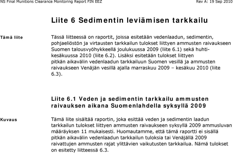 Lisäksi esitetään tulokset liittyen pitkän aikavälin vedenlaadun tarkkailuun Suomen vesillä ja ammusten raivaukseen Venäjän vesillä ajalla marraskuu 2009 kesäkuu 2010 (liite 6.3). Liite 6.