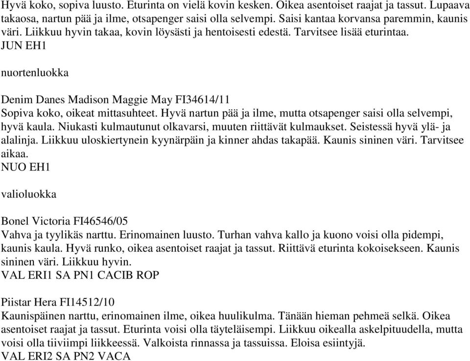 JUN EH1 nuortenluokka Denim Danes Madison Maggie May FI34614/11 Sopiva koko, oikeat mittasuhteet. Hyvä nartun pää ja ilme, mutta otsapenger saisi olla selvempi, hyvä kaula.