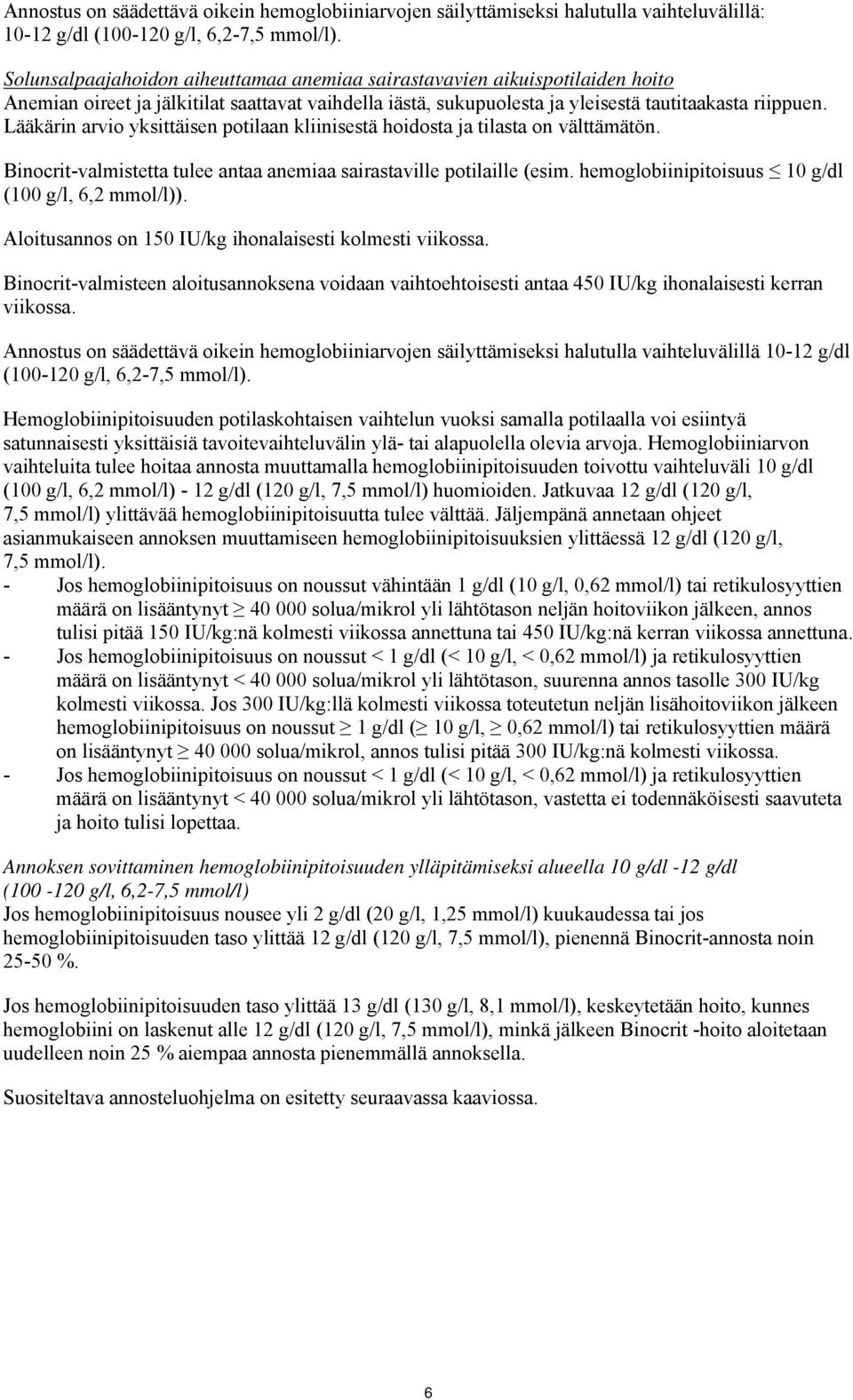 Lääkärin arvio yksittäisen potilaan kliinisestä hoidosta ja tilasta on välttämätön. Binocrit-valmistetta tulee antaa anemiaa sairastaville potilaille (esim.