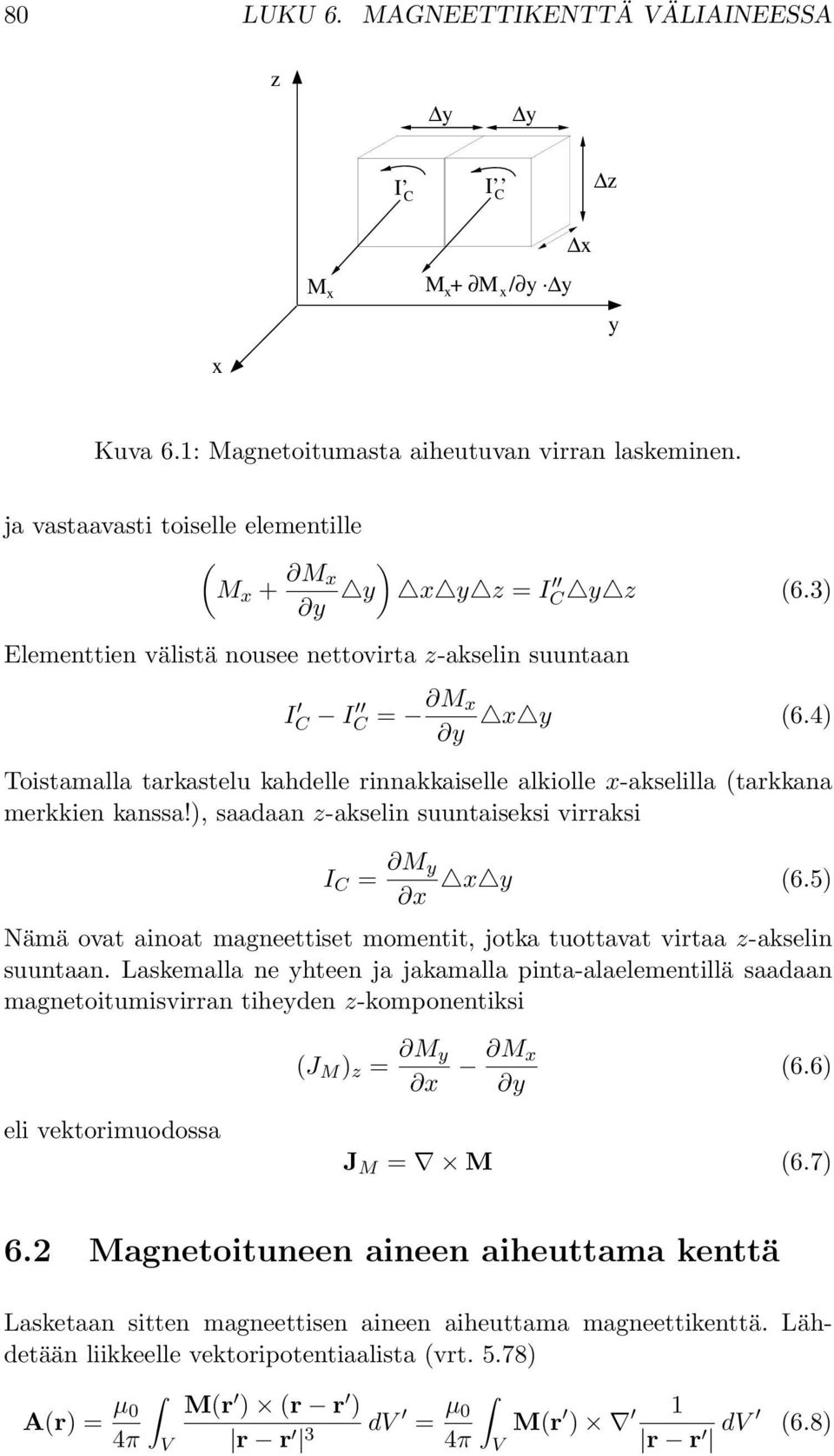 4) y Toistamalla tarkastelu kahdelle rinnakkaiselle alkiolle x-akselilla (tarkkana merkkien kanssa!), saadaan z-akselin suuntaiseksi virraksi I C = M y x y (6.