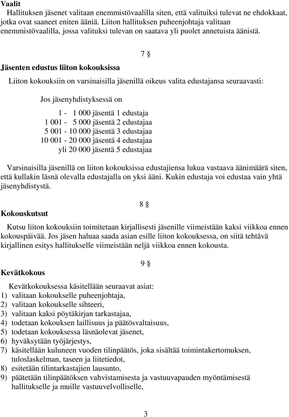 Jäsenten edustus liiton kokouksissa Liiton kokouksiin on varsinaisilla jäsenillä oikeus valita edustajansa seuraavasti: Jos jäsenyhdistyksessä on 7 1-1 000 jäsentä 1 edustaja 1 001-5 000 jäsentä 2