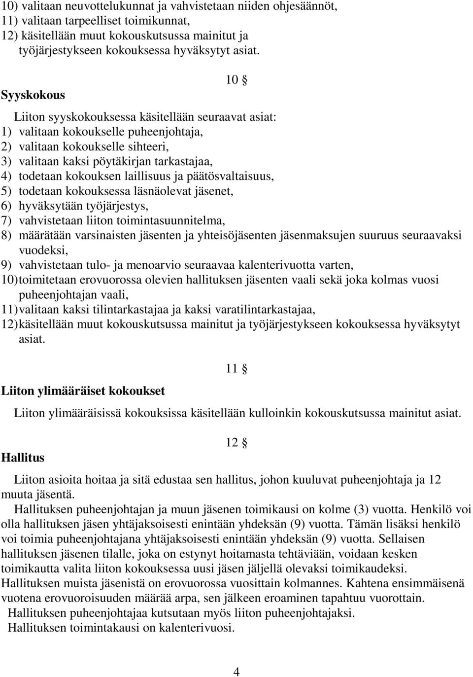 kokouksen laillisuus ja päätösvaltaisuus, 5) todetaan kokouksessa läsnäolevat jäsenet, 6) hyväksytään työjärjestys, 7) vahvistetaan liiton toimintasuunnitelma, 8) määrätään varsinaisten jäsenten ja