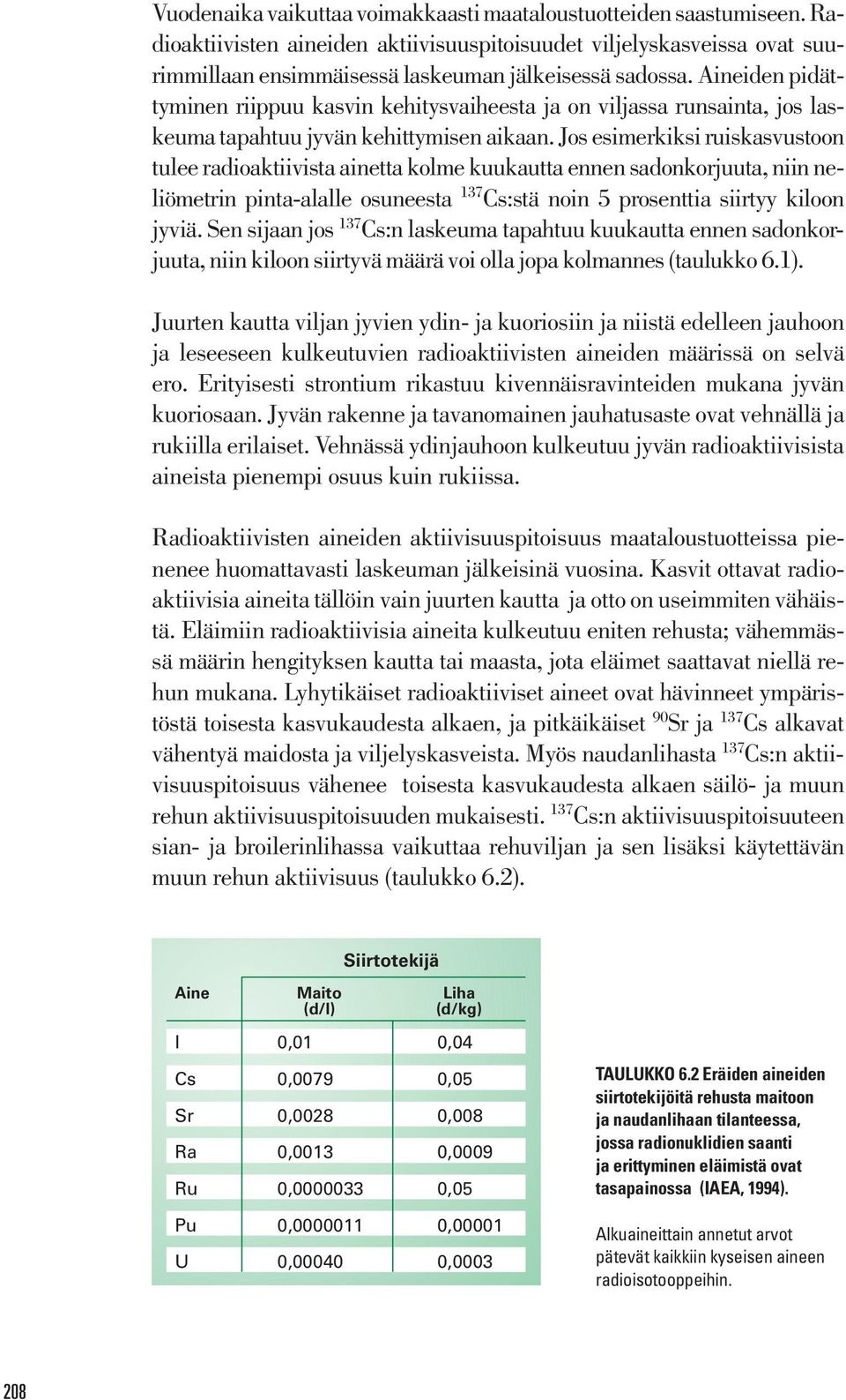 Jos esimerkiksi ruiskasvustoon tulee radioaktiivista ainetta kolme kuukautta ennen sadonkorjuuta, niin neliömetrin pinta-alalle osuneesta 137 Cs:stä noin 5 prosenttia siirtyy kiloon jyviä.
